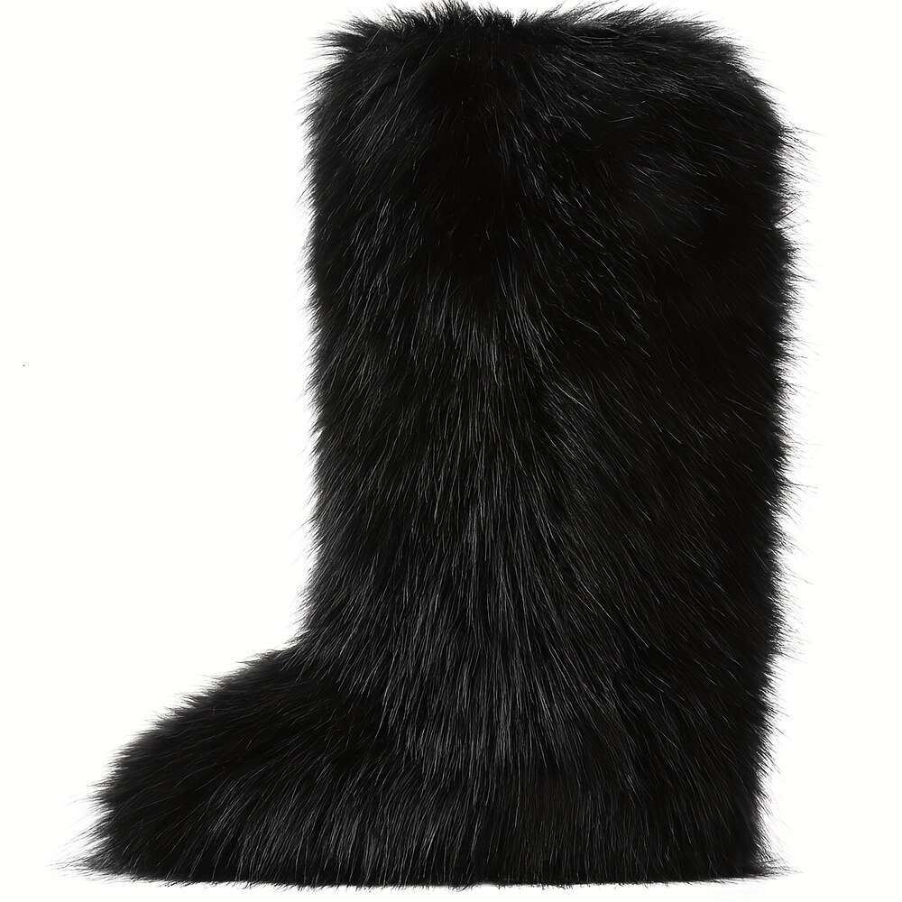 Stylish Women's Fluffy Faux Fur Round Toe Flat Heel Winter Outdoor Warm Knee High Boots