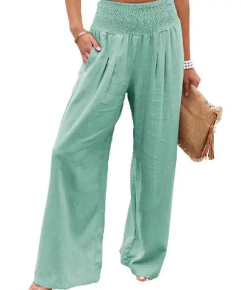 Womens casual pants with drawstring mid waist beach wide leg spring and summer European and American pants 251022