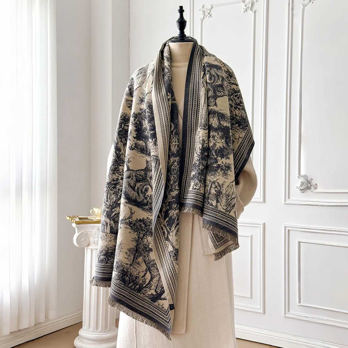 Elegant Animal Jacquard Shawl for Women Winter Thick Warm Scarves Double Sided Design Coldproof Windproof Blanket Scarf J251129