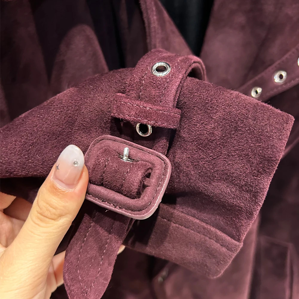 Suede Burgundy Long Coat Double Breasted Windbreak Length 150cm Womens Real 251021