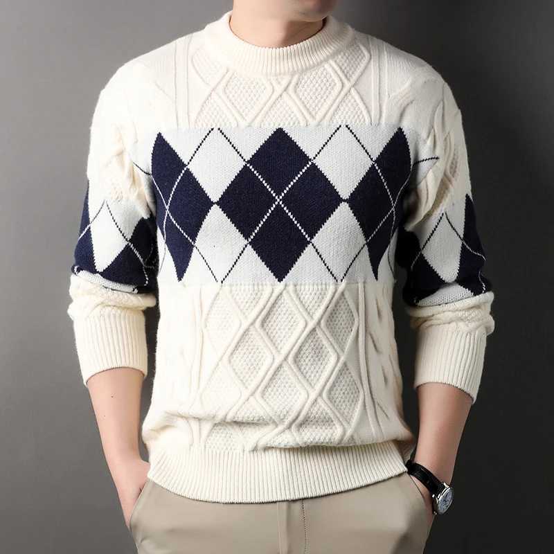 Personality checkered jacquard knitted mens sweater luxurious brand comfort warm new fashion color blocked round neck pulloverXJ251022