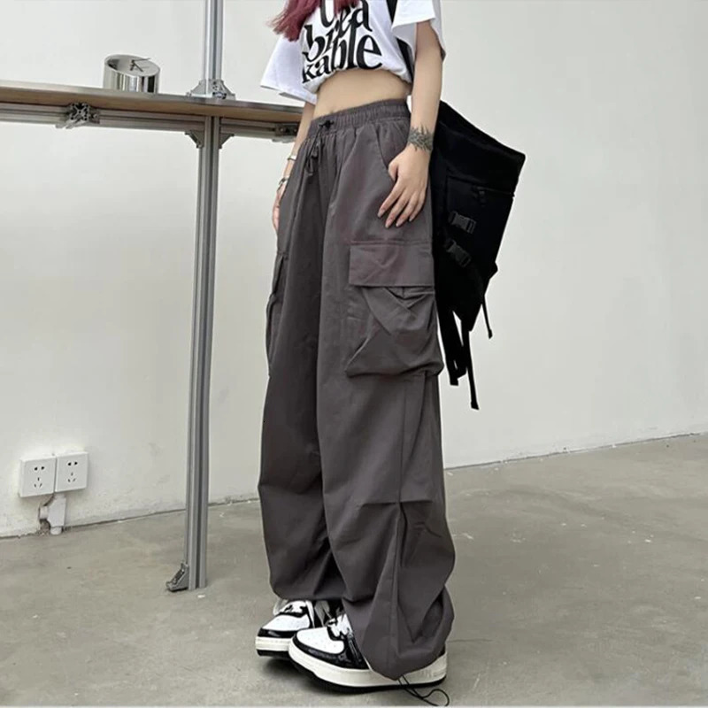 Women Casual Baggy Cargo Pants Solid Low Waist Joggers Tech Pants Drawstring Wide Leg Baggy Trousers Y2K Streetwear Sweatpants 251022