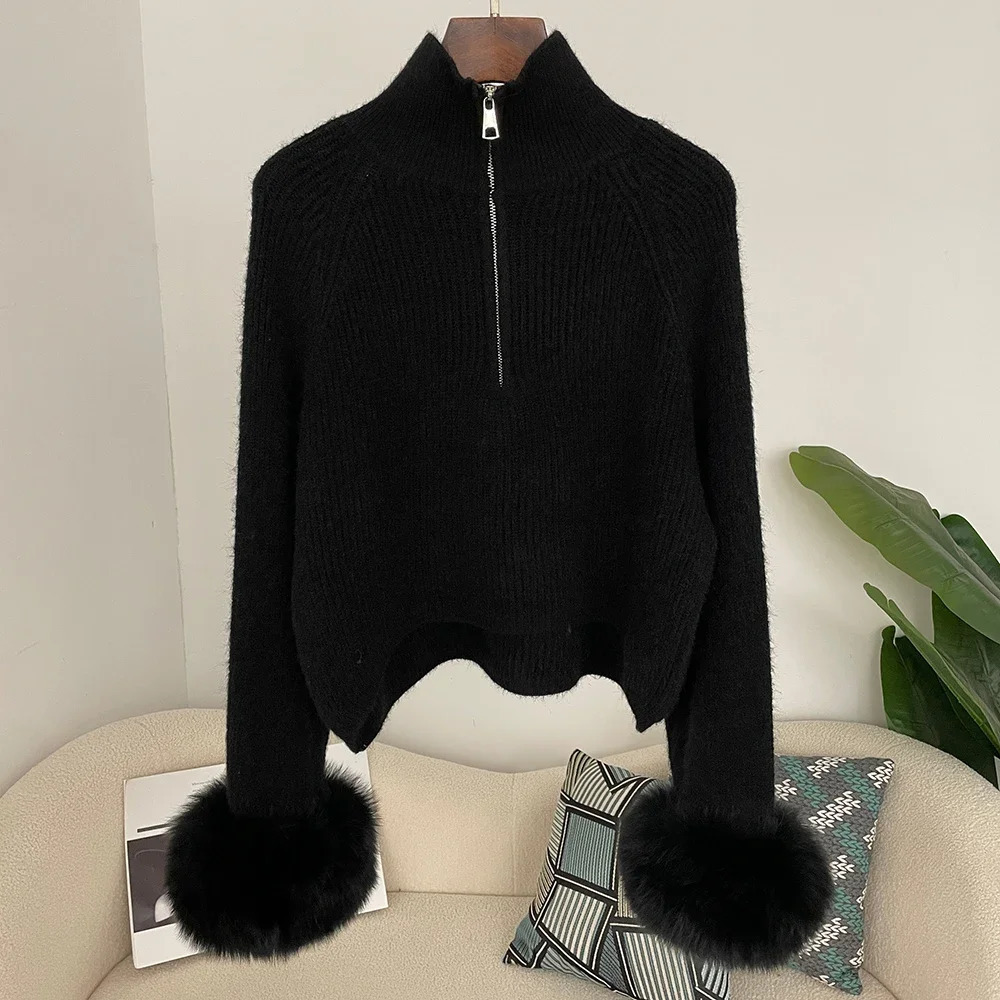 Coat Women Knitwear Spring Pullover Sweater Women Autumn Patchwork Fur Coat Zipper Underlay Loose Premium Sweater Female 251016