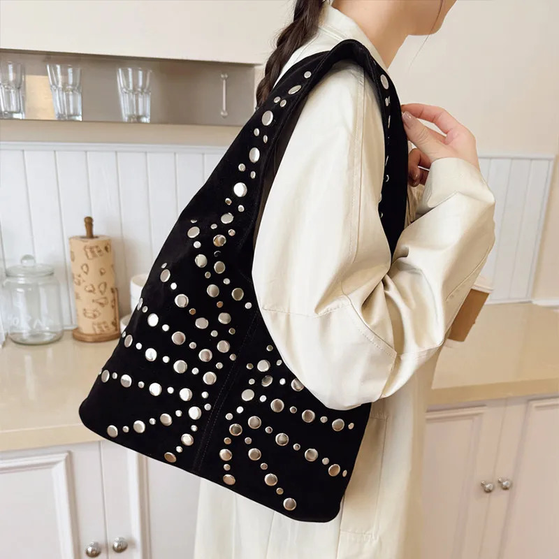 Suede Polka Dot Rivet Underarm Shoulder BagMetal Studded Women HandbagVintage Motorcycle Punk Style Tote BagAutumnWinter 251018