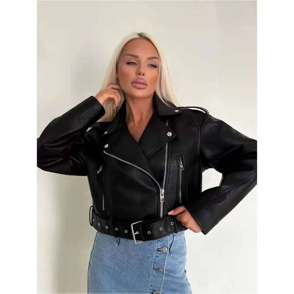 Women Vintage Loose Washed Faux Leather Short Jacket Streetwear Female Zipper Belt Moto Biker Retro Coat Outwear Tops