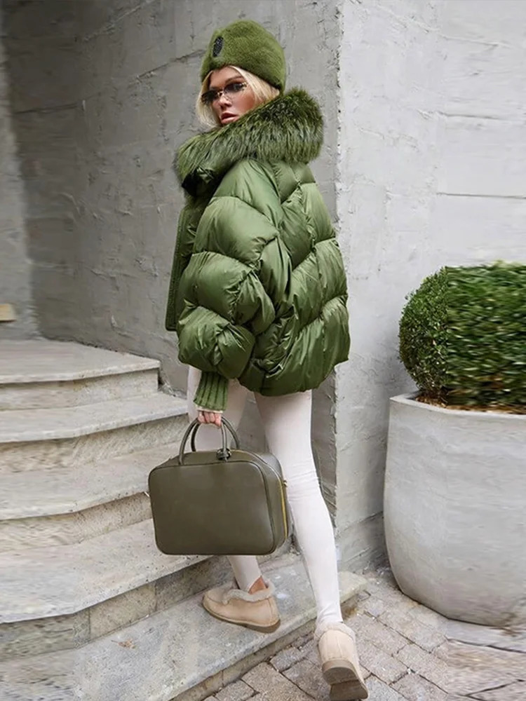 Womens Winter Fur Collar Parka Coat Hood Long Sleeve Zipper Green Quilted Down Jacket Female Fashion Lady in Outwear 251017