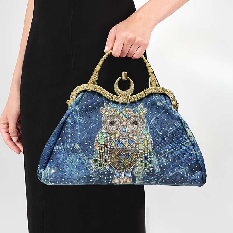 Women's Elegant Y2k Street Style Blue Floral Rhinestone Bag With Detachable Strap & Clasp Closure - Versatile For Work, Commuting, Dating, Partie