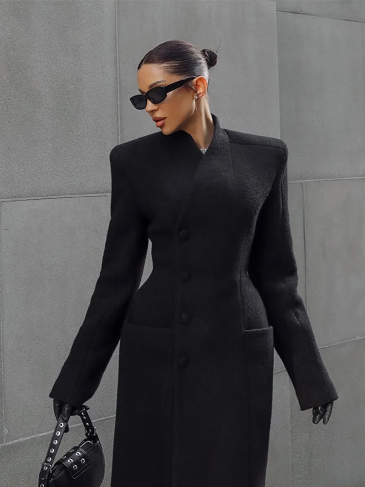 Black Tailored Long Coat Women Elegant Asymmetric Button Front Pockets Full Sleeve Crisscross Neck Jacket Casual Outerwear 251021