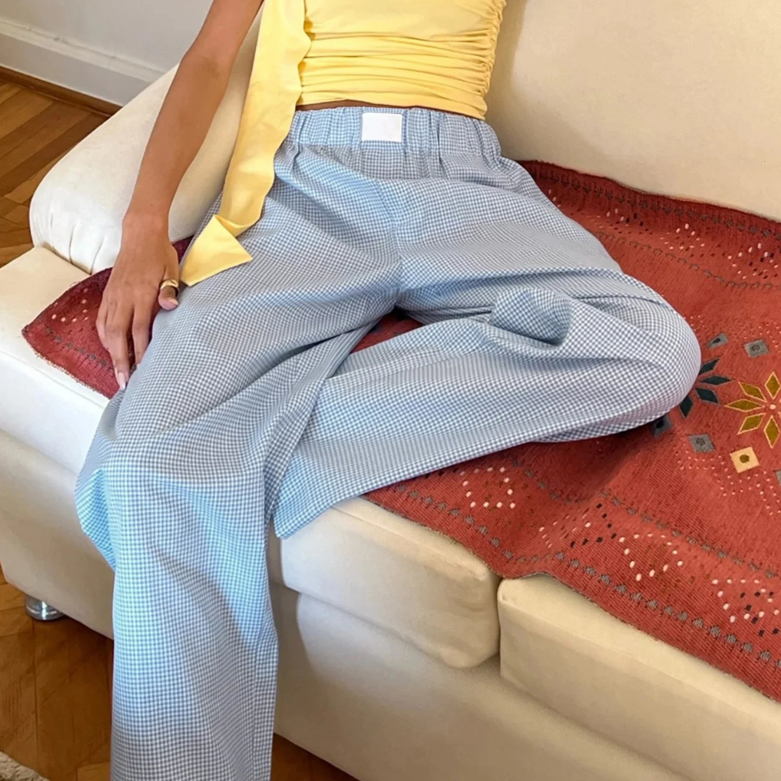 Gaono Pajama Pants Women Y2k Plaid Elastic High Waist Straight Wide Leg Lounge Pj Pants Soft Pajama Bottoms Sleepwear 251016