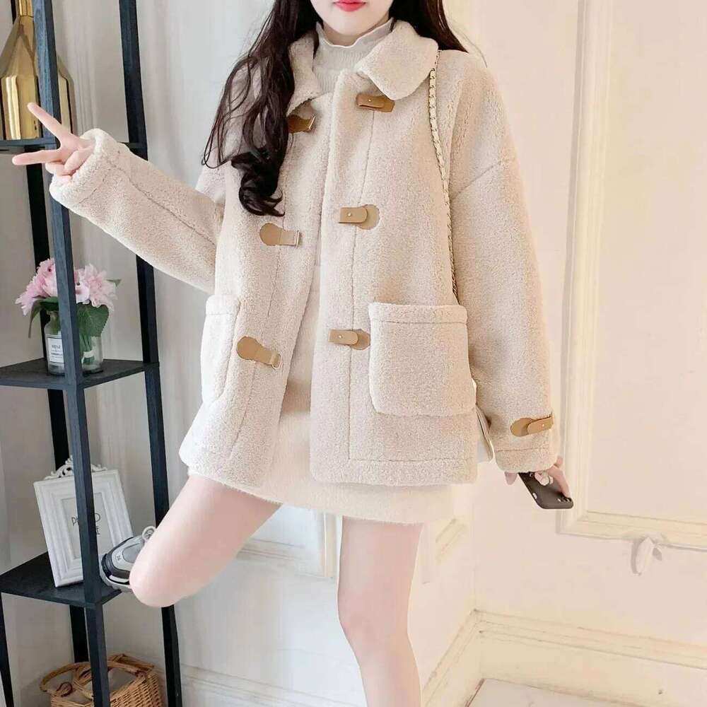 Lamb Veet Women's Small Size Autumn Winter New Korean Loose Versatile Button Long Sleeve Top Thickened Woolen Coat