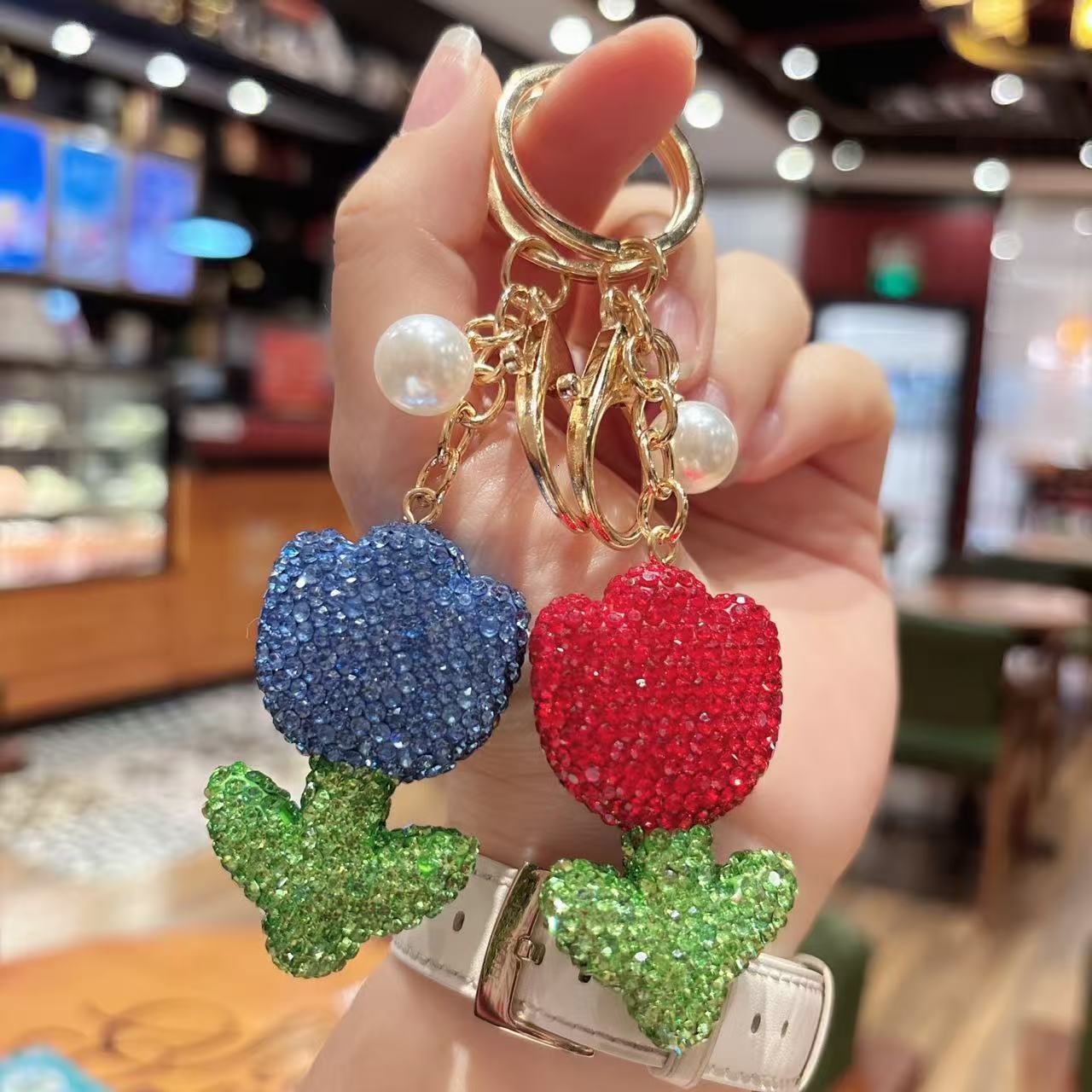 full ceramic tulip keychain fashionable personalized Inlaid diamond flower bag pendant couple gift