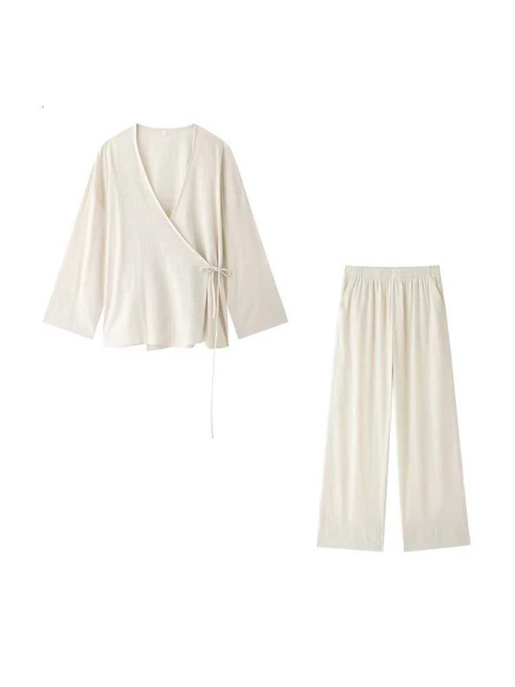 Women Fashion With Tied Loose Kimono Blouses And High Elastic Waist Side Pockets Pants Female Two Piece Sets MujerT251022