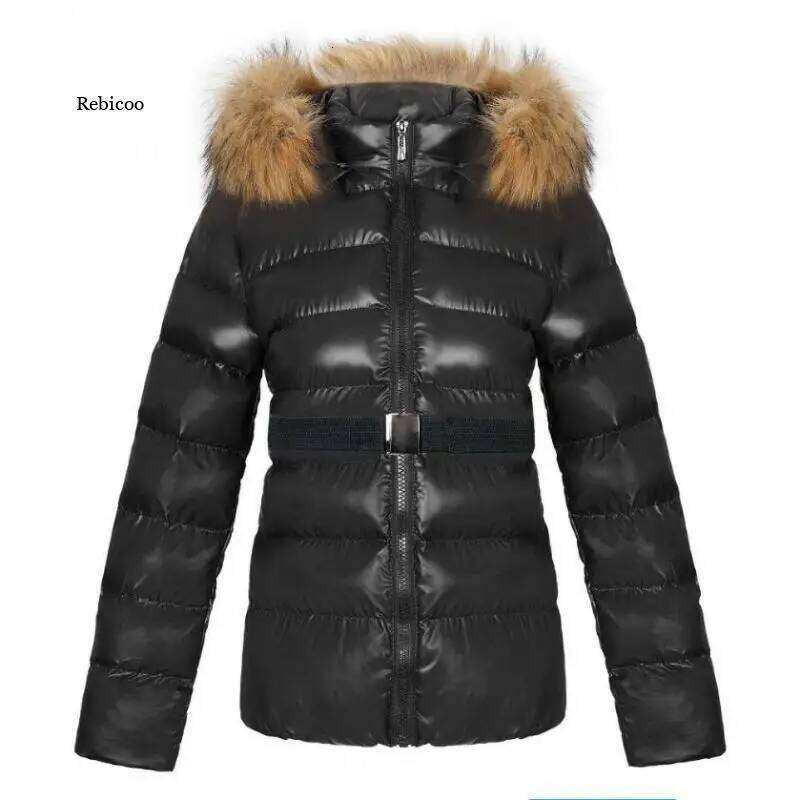 Parka Women Casual Padded Pu Leather Jacket Solid Hooded Long Sleeve Zip-Up Thick Warm Short Coat With Belt