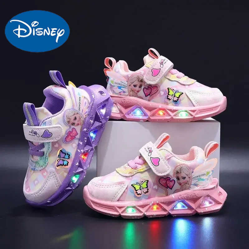 Disney LED Casual Sneakers For Spring Girls Frozen Elsa Princess Print Pu Leather Shoes Children Lighted Nonslip Pink Purple H251022
