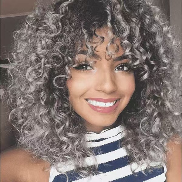 Elegant Salt and pepper ceramic deep Curly gray Human Hair Wigs gradient two tone silver Short Grey Wig for Black Women None Lace natural hair wig