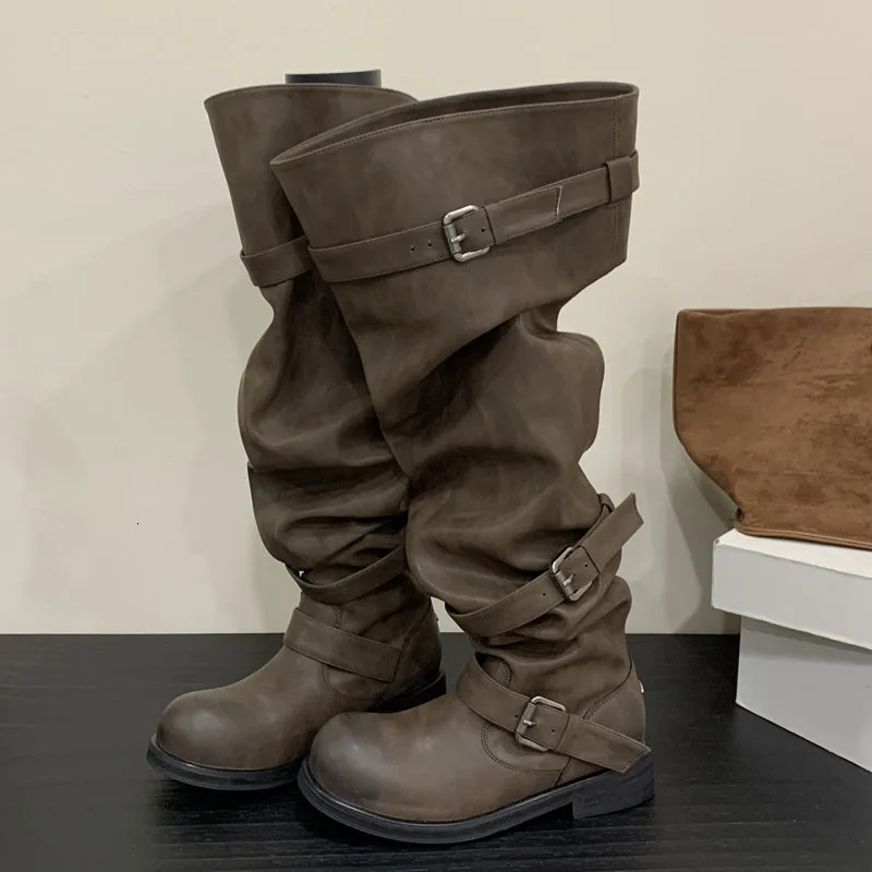 Eilyken Winter Punk Pleated Round Toe Women Over The Knee Boots Buckle Strap Square Heels Shoes Botas Mujer 251011