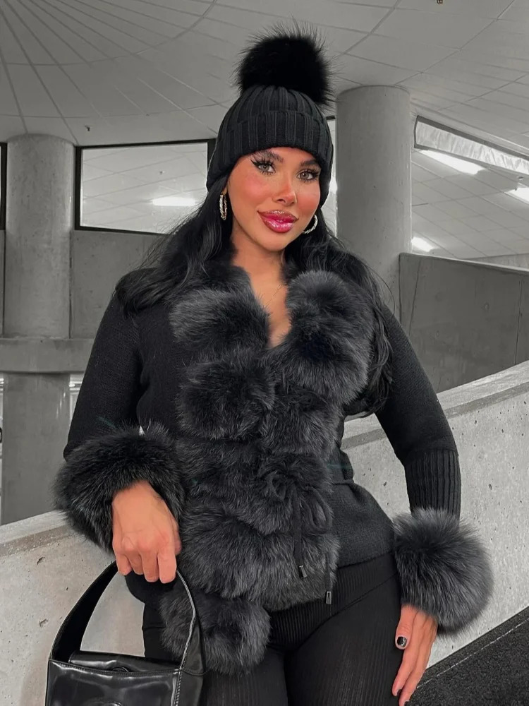 Faux Fur Patchwork Knitted Cardigan Women Fashion Elegant Vneck Long Sleeve Lace Up Jackets Winter Lady Street Outwear 251016