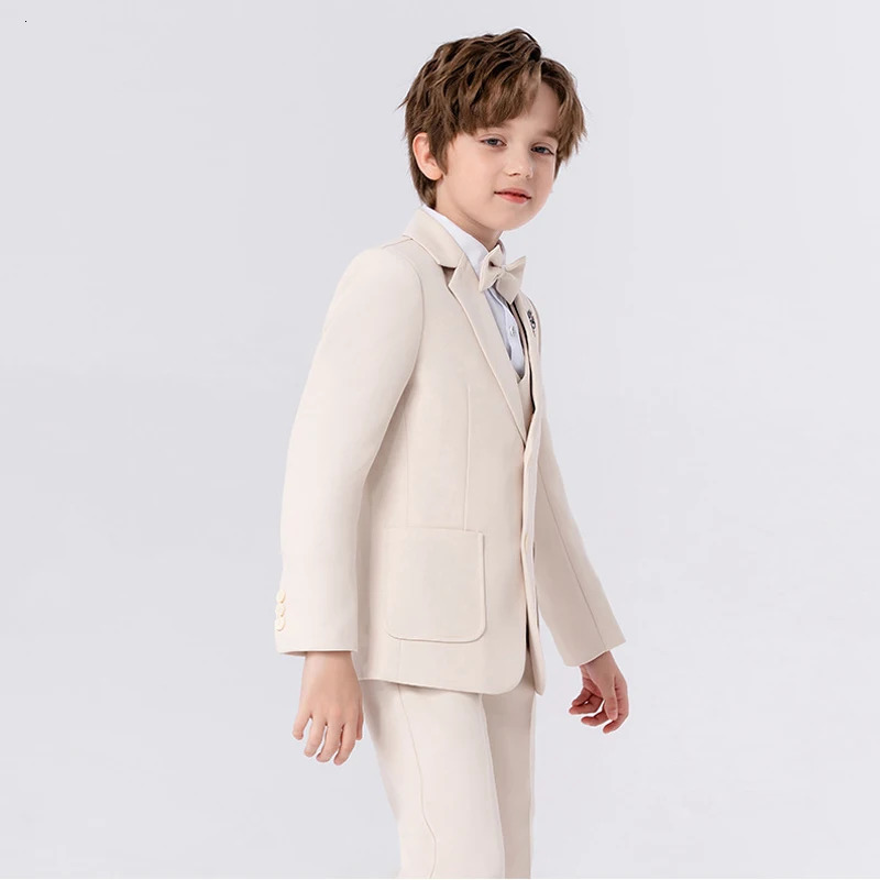 Children Formal Beige Suit Set Boy Blazer Pants Bowtie Clothes Kids Wedding Party Performance Catwalk Show Pogray Costume 251021
