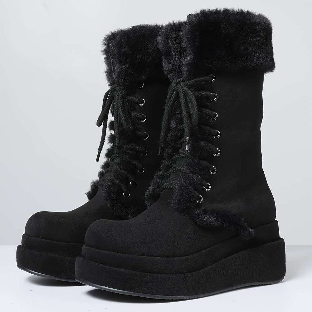 Fluffy Women Snow Double Platform Chunky Heels Lace Up Mid Calf Shoes Faux Furry Warm Punk Goth Christmas Boots