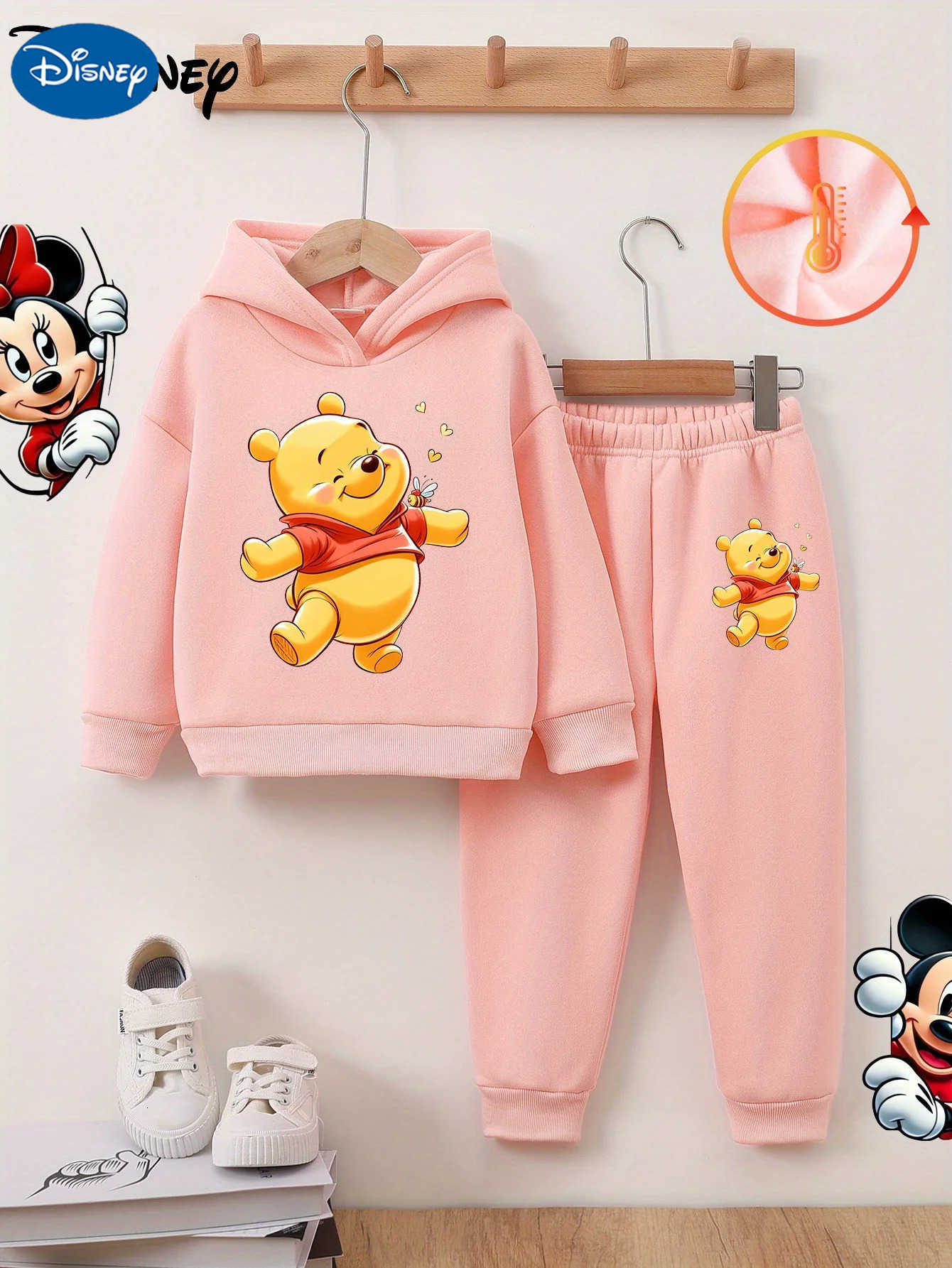 Disney girls twopiece longsleeved pants suit with cute Winnie the Pooh print new autumn and winter hooded fleece sweatshirt H251022