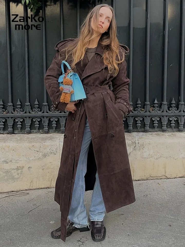 Chic Faux Suede Belt Long Trench Coat Women Lapel Double Breast Full Sleeve Windbreaker Autumn Winter Lady Commute 251021