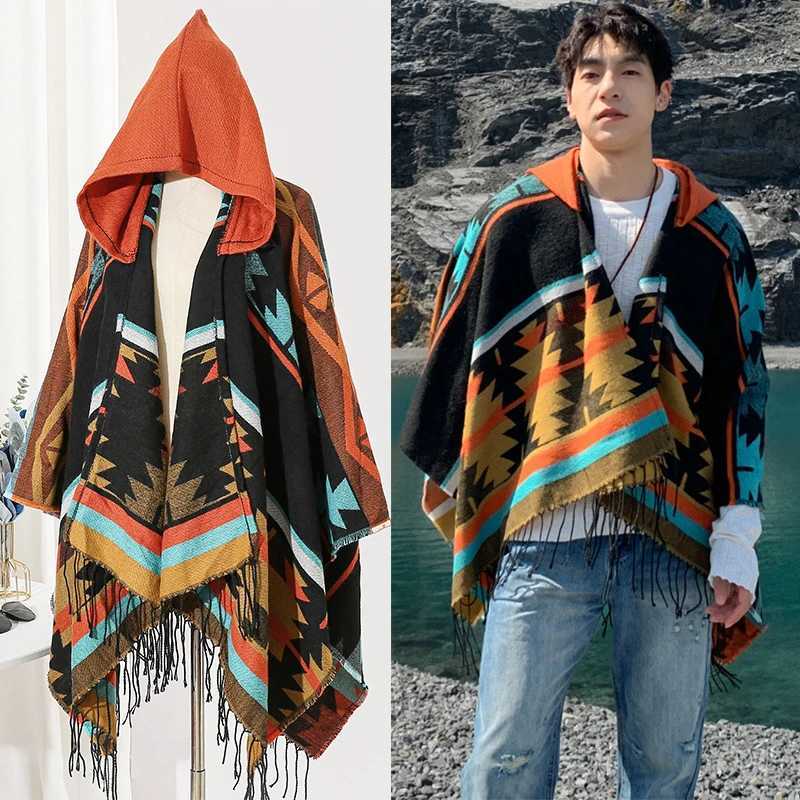 New Tourism Cloak Male Hooded Warmth Scarf Warmth Shawl Capes Print Tassels Jacket Men Poncho Outwear Big Size J251118