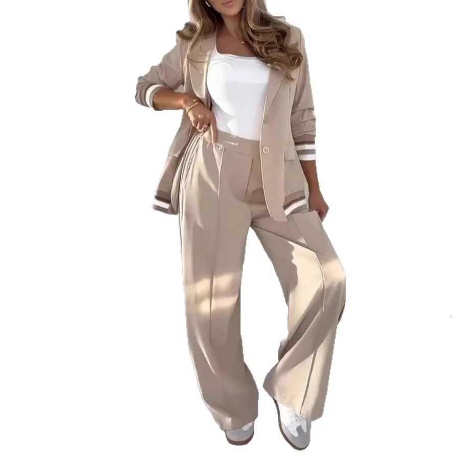 Pant Sets Women Wide Leg Pants Two Piece Set Button Coats Matching Sets Patchwork High Waist Elegant Trousers Pockets SportyT251022