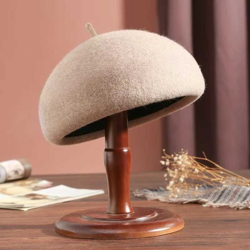 Autumn Winter Hard Top Berets 100 Wool British Style Vintage Pillbox Hat Threedimensional Painter Mushroom Womens Kepi Cap J251022