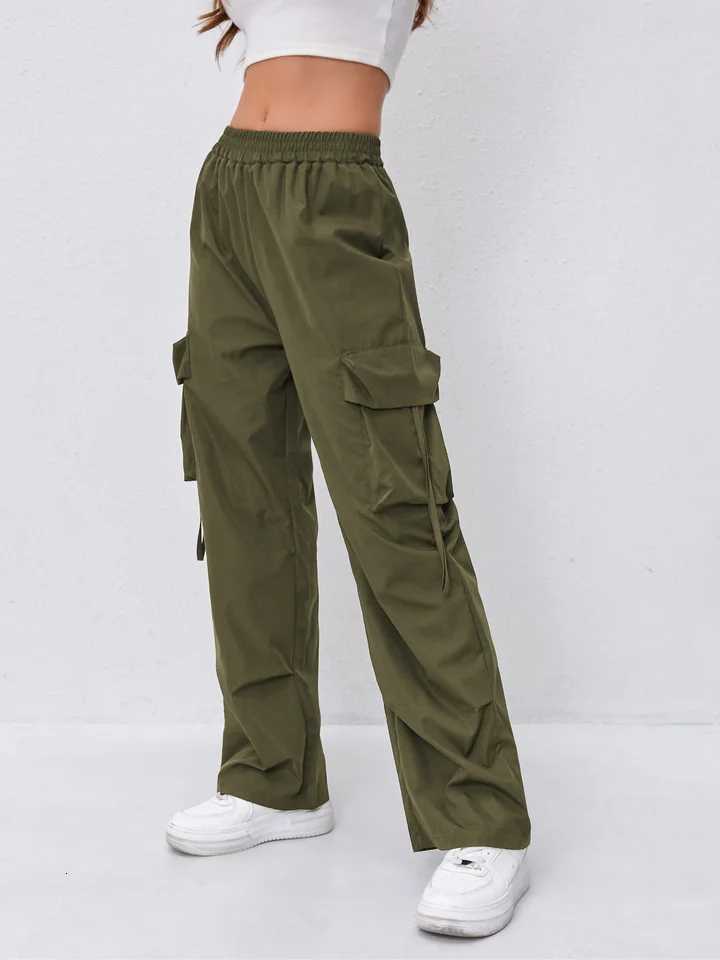 Womens Elastic Waist Cargo Pants with Double Sided Large Pockets Outdoor Sports Long TrousersT251022