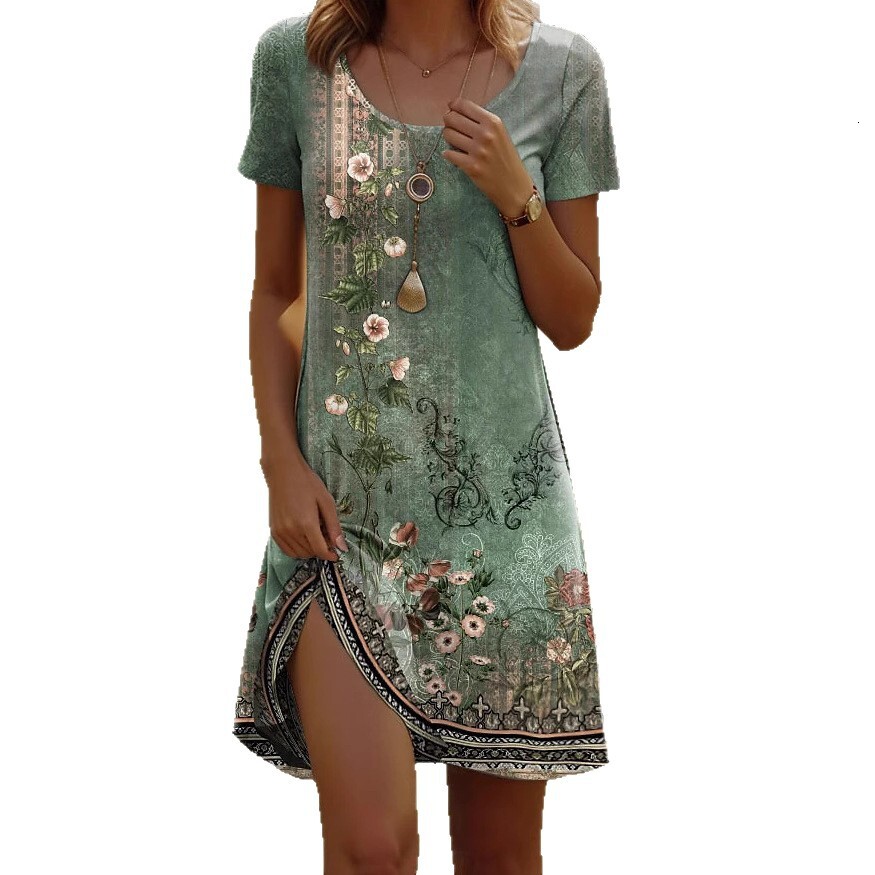 New fashion designer feather print element round neck short sleeved dress European and American women's dress