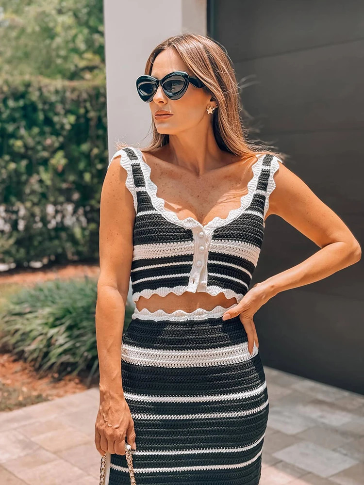 Summer Fashion Lady Beach Outfits Casual Striped Knitted 2 Piece Set Women Single Breasted Tank Tops Long Skirts Female Set 251020