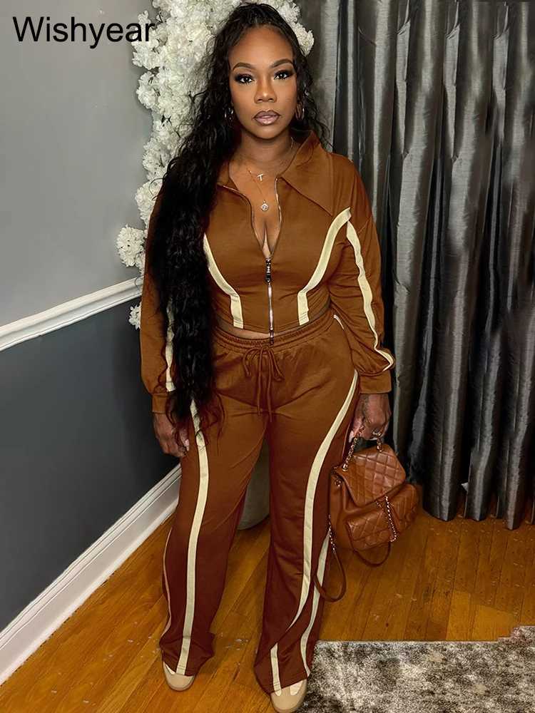 Womens Casual Stripe Patchwork 2Piece Set Lapel Long Sleeve Zipper Crop Jacket with Wide Leg Pants Suits Autumn 2PC TracksuitT251022