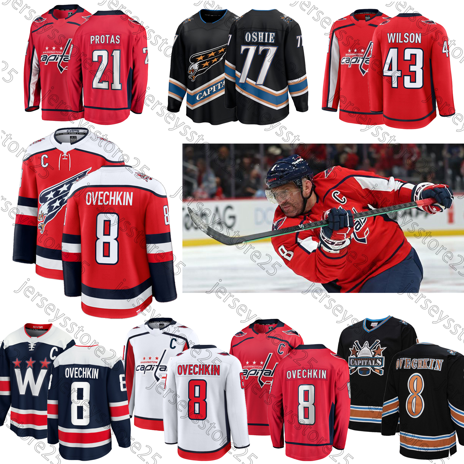 Alexander Ovechkin hockey jersey Tom Wilson Logan Thompson Ryan Leonard Aliaksei Protas John Carlson Charlie Lindgren Justin Sourdif Nic Dowd Capitals jerseys
