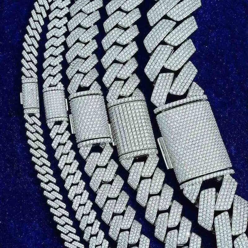 Pass Diamond Tester GRA Hip Hop S925 Silver Iced Out Bling 3 Rows 14mm 16mm 18mm 20mm VVS Moissanite Cuban Link Chain for Men