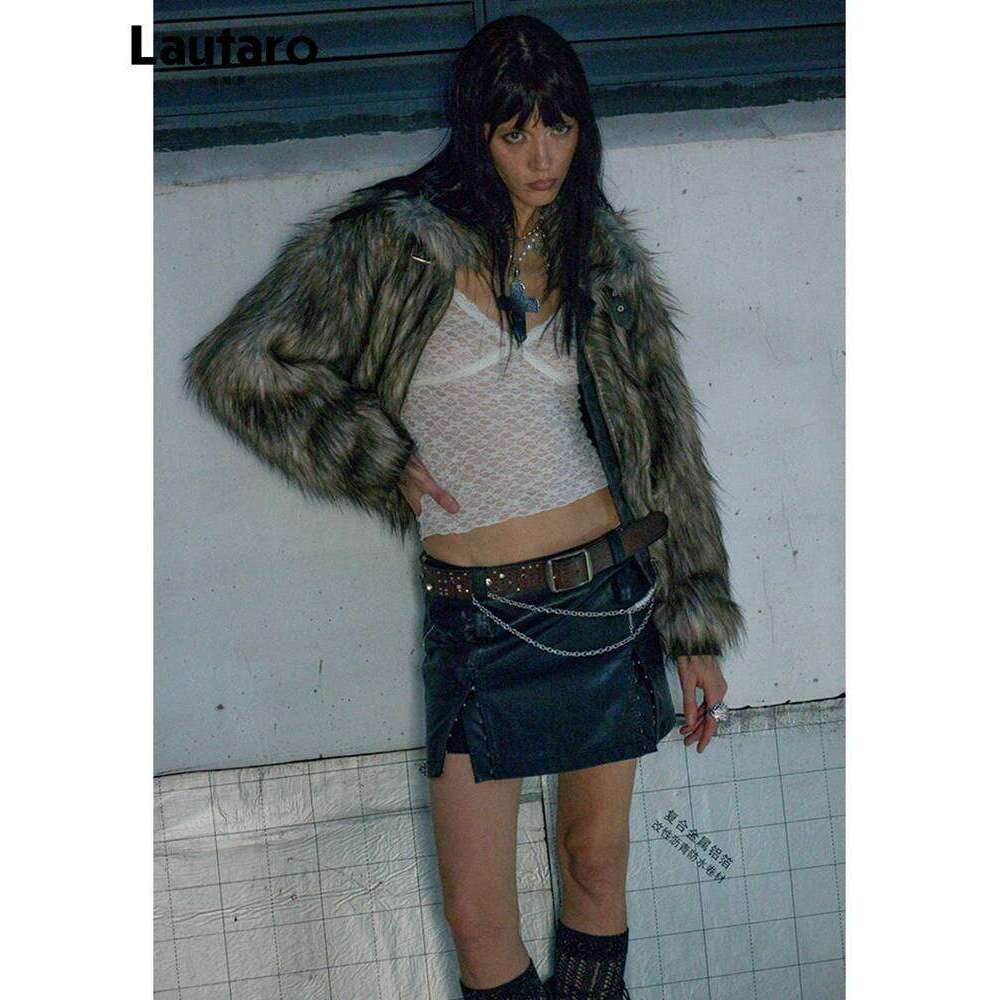 Lautaro Autumn Winter Short Warm Thick Hairy Shaggy Patchwork Faux Raccoon Dog Fur Coat Women Zipper Fluffy Jacket 2024