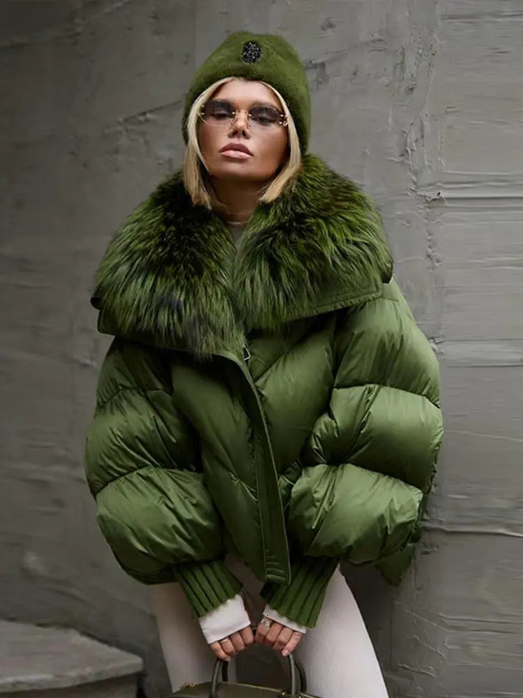Womens Winter Fur Collar Parka Coat Hood Long Sleeve Zipper Green Quilted Down Jacket Female Fashion Lady in Outwear 251017