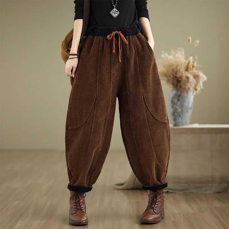 Corduroy Bloomers Women Loose Harlan New Elastic Waist Warm Retro Trousers Autumn Winter Fashion Big Pocket WideLeg PantsT251022