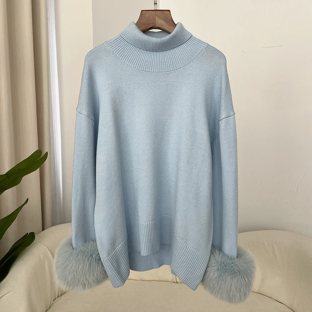 Sweater Women Autumn Winter Fashionable Sweaters with Fox Fur Sleeves Slim Fit Sweaters Fur Knitwear England Style 251016