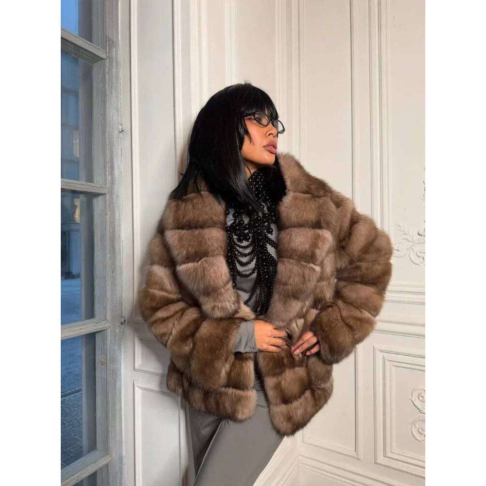 Patchwork Faux Fur Coat Women Fashion Casual Full Sleeve Lapel Loose Long Staple Plush Jacket 2025 Winter Street Wear New