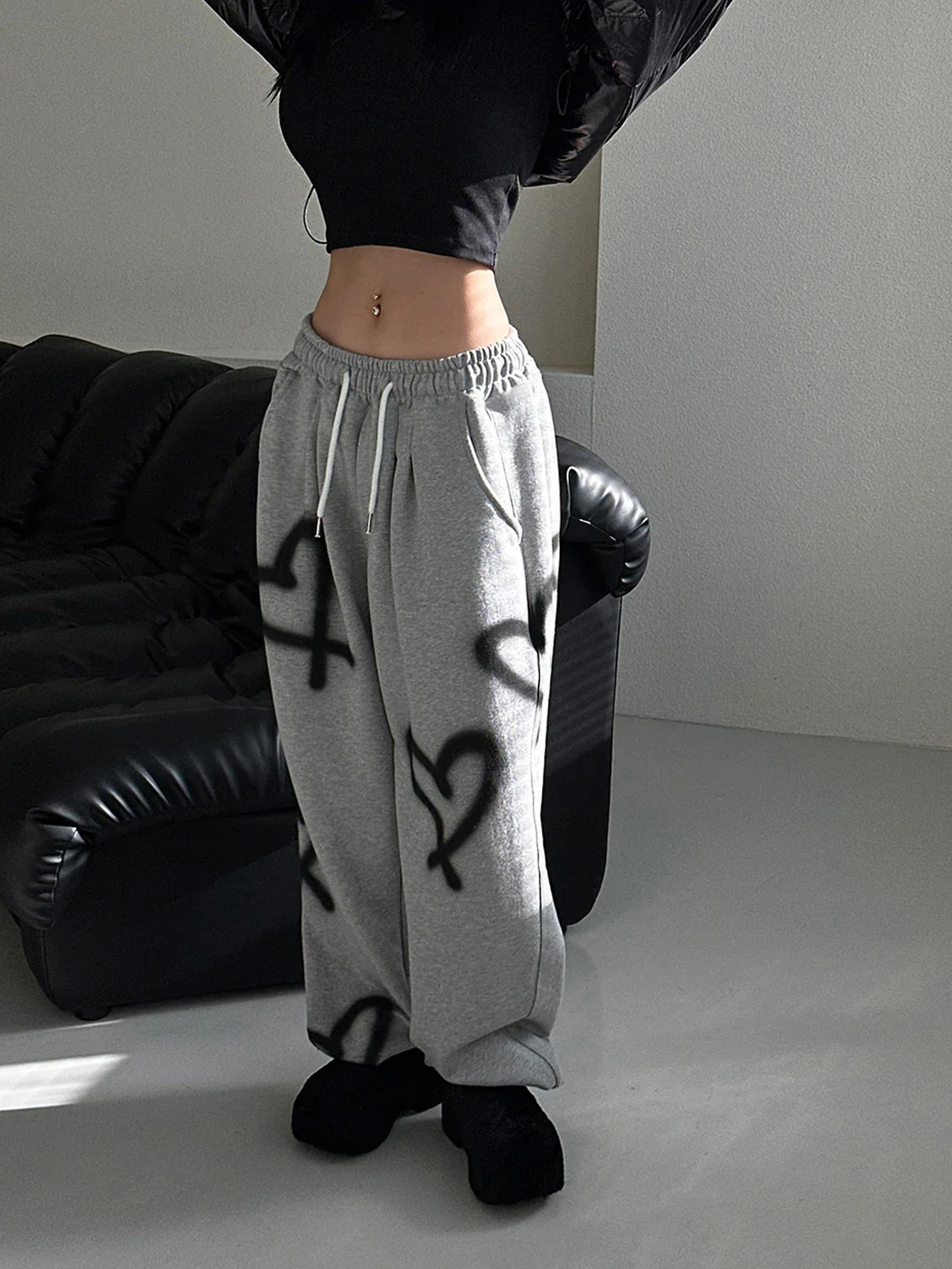 Womens Random Heart Print Drawstring Waist Sweatpants Y2k Pants Wide Leg 251017