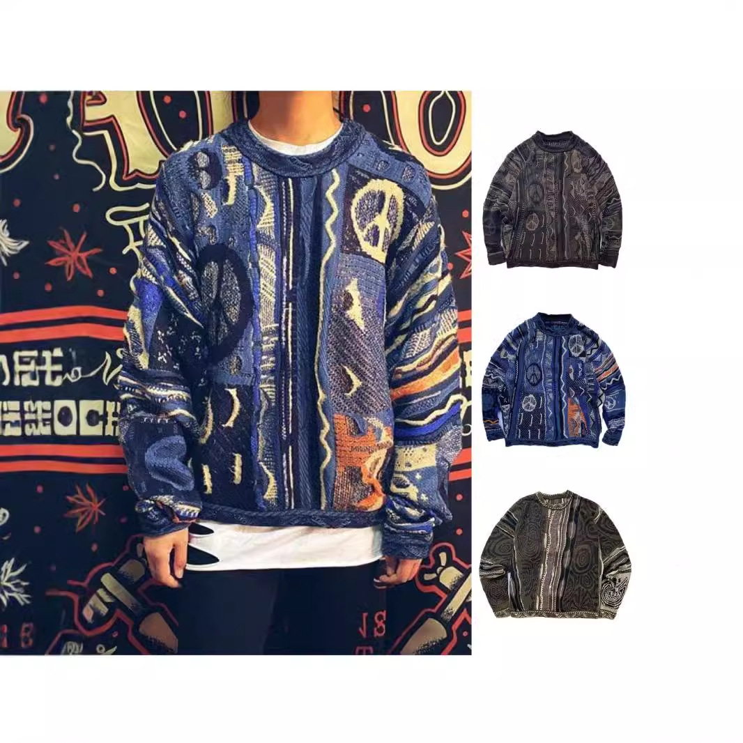 Kapital Vintage Men's Sweaters National Characters Bitter Gourd Pattern Jacquard Japanese O Neck Pullover Knitwear For Male Luxurious Design Retr