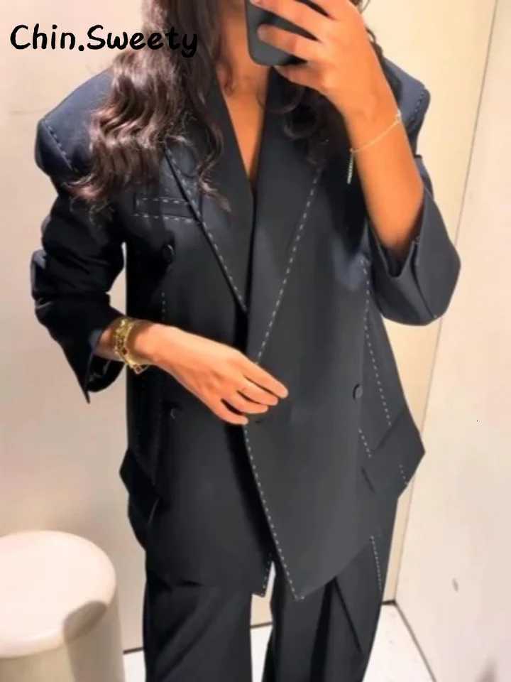 Casual Double Breasted Line Suit Pants Sets Women Lapel Full Sleeve Pocket Jacket Straight Trousers 2025 Autumn Winter Lady SetT251022