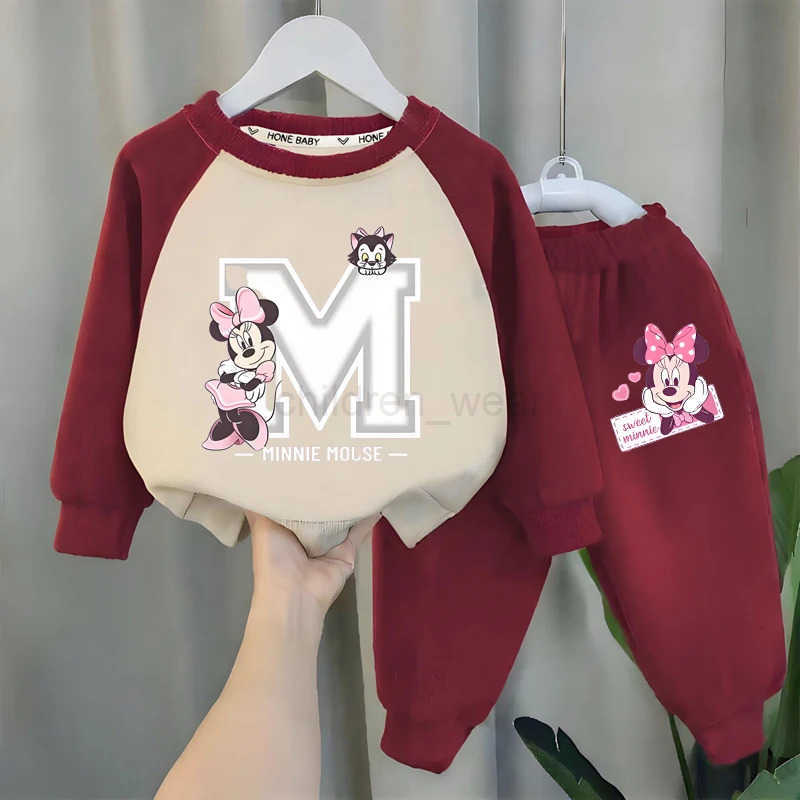 Disney Springautumn Childrens Clothes Sets Cute Minnie Printed Girls Sweatshirt Set Kids Casual O Neck Hoodies Pant 2pcs H251022