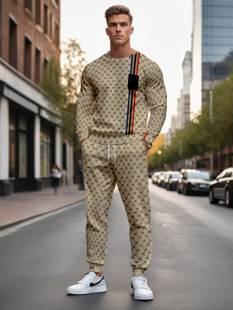 Men's Brown Knitted Cotton Blend Long Sleeve Round Neck Sweatshirt Ankle-Length Casual Outdoor Comfortable T-Shirt - YLWY00195