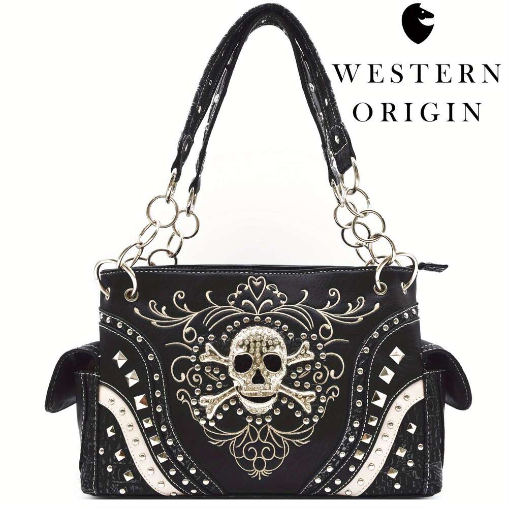 Punk Gothic Rock Metallic Day Of The Dead Floral Sugar Skull Faux Leather Purse Women Handbag Shoulder Bag Wallet Set