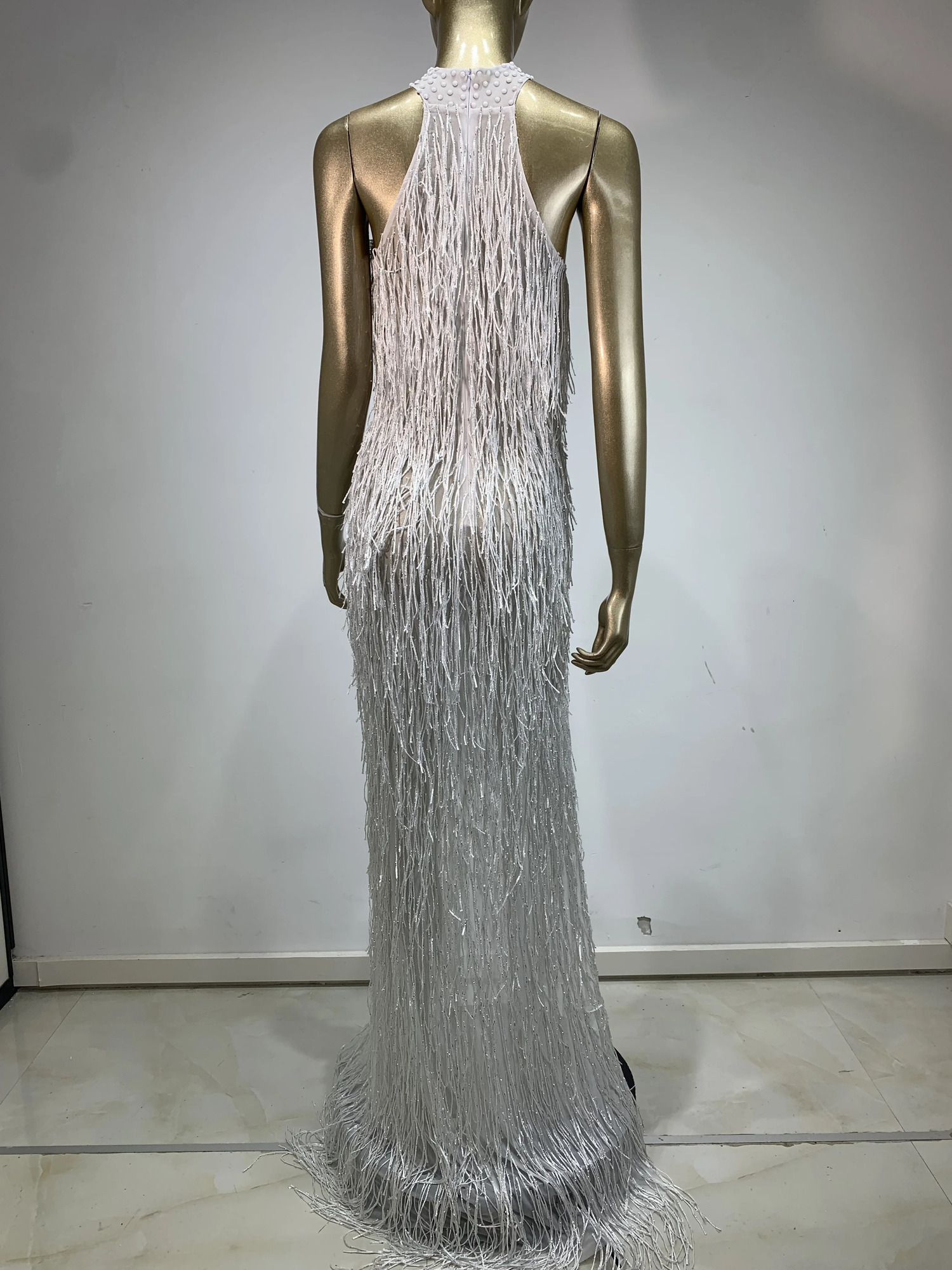 Women Shiny Gold Crystals Tassel Long Dress Sexy Hollow Out Elegant Prom Gown Evening Club Birthday Party Stage Outfit 251016