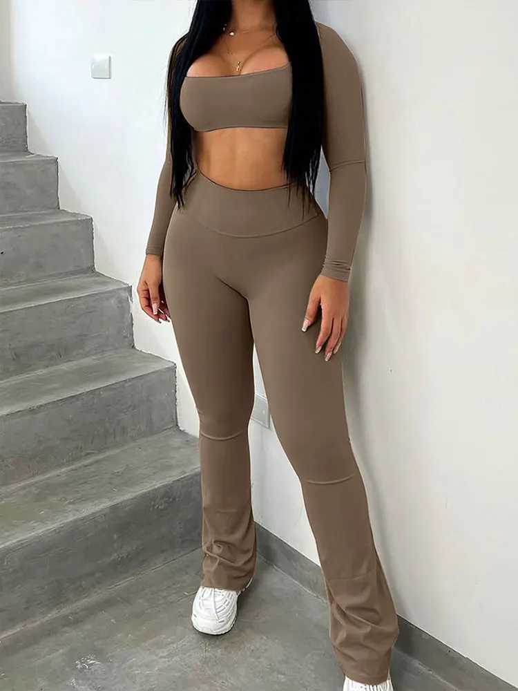 Women Tshirt Trousers 2 Piece Spring New Streetwear Fashion Casual Slim Sport Clothing Solid Sexy Low Chest Top Pants Lady SuitT251022