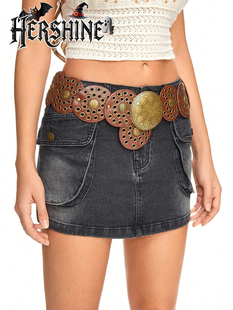 1 piece of womens brown round pancake metal eyeliner belt Western style Western style Simian style Y2K Gothic style 251013