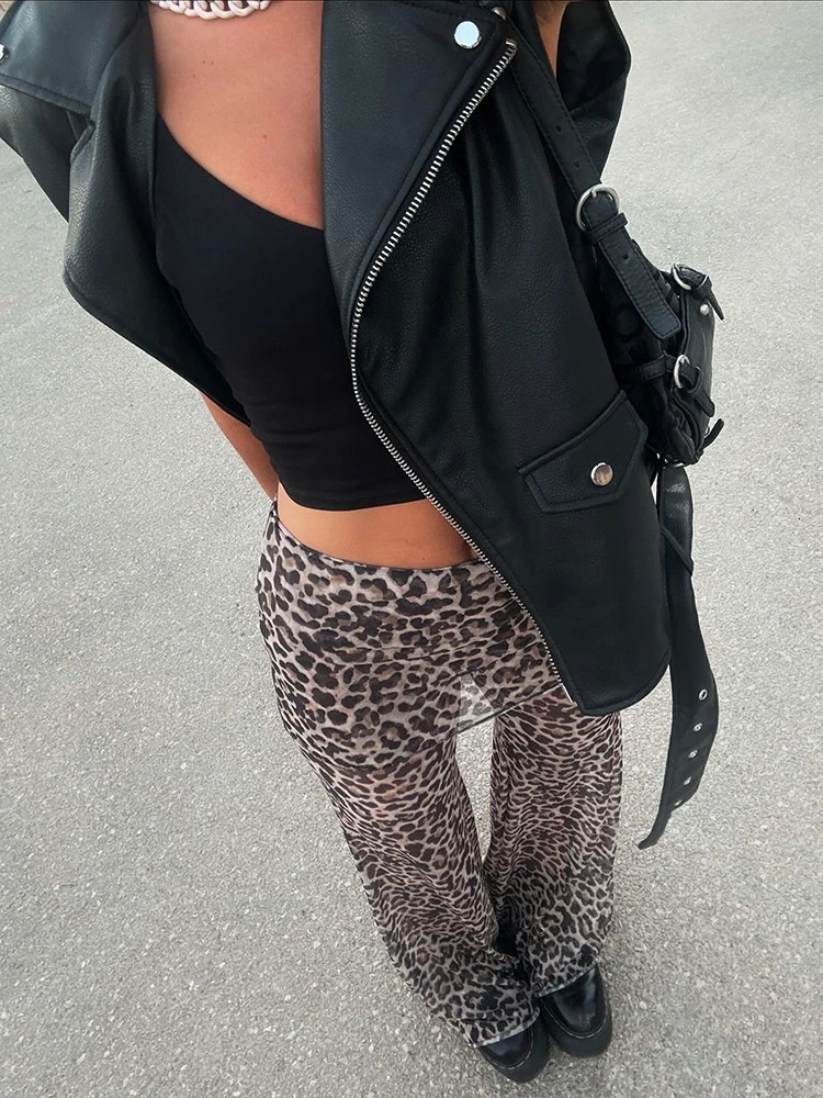 Mozision Mesh Leopard Print Trousers Woman Fashion High Waist Print Wide Leg Pants Female Elegant Printed Long Pants Bottoms 251022