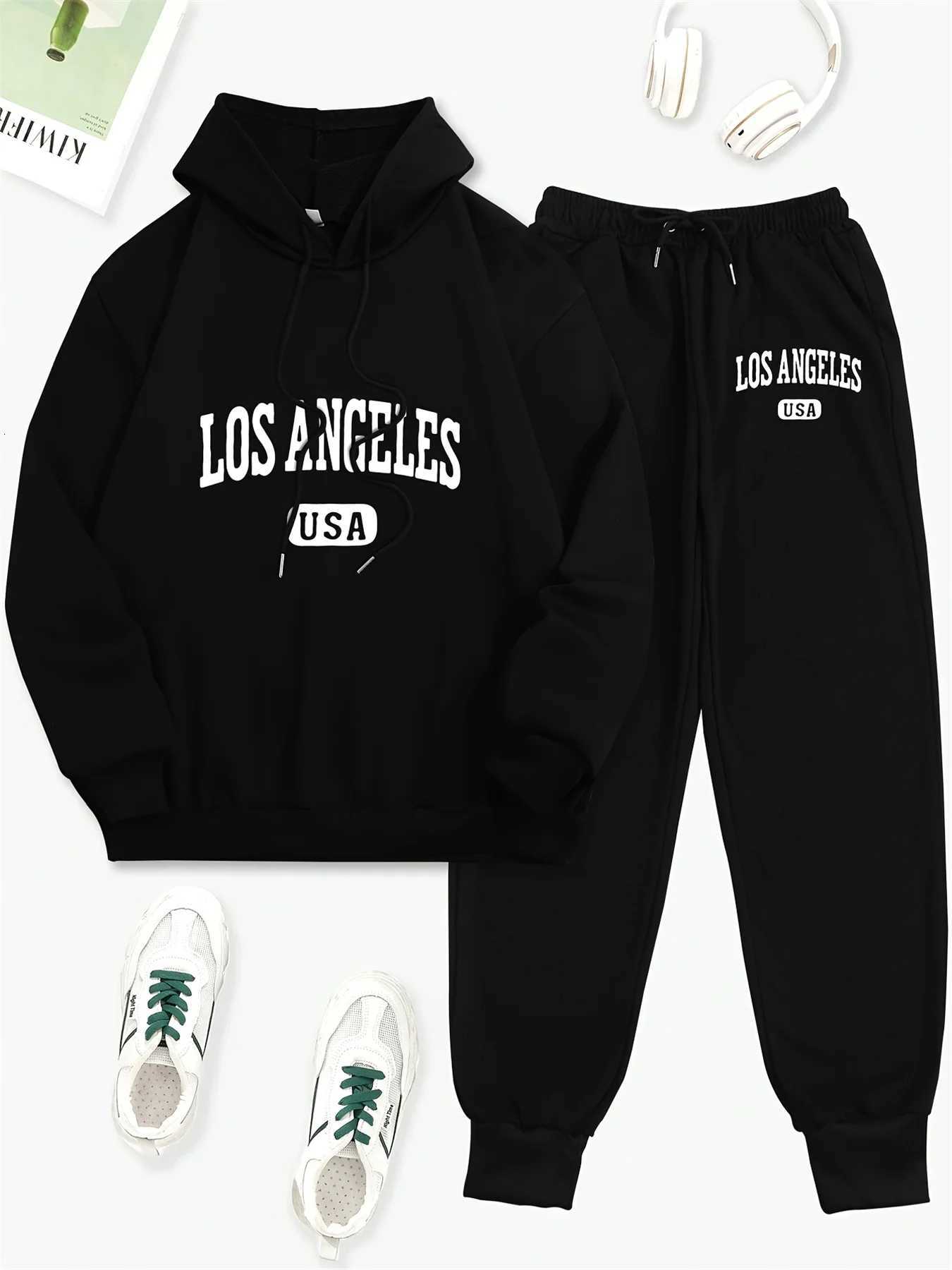 Womens AutumnWinter HoodieSports Pants Set for Street Casual Los Angeles USA Letter Printed Fashion and Velvet Warm ClothingT251022